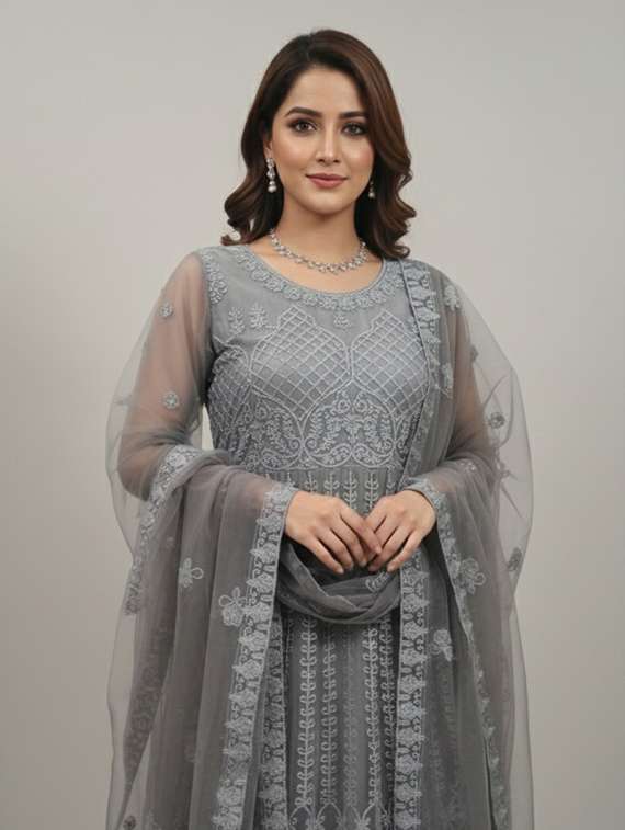 women solid with work semi stitched fit & flare gown - 22272915 -  Standard Image - 3