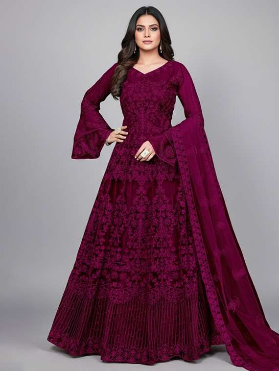 women solid with work semi stitched fit & flare gown