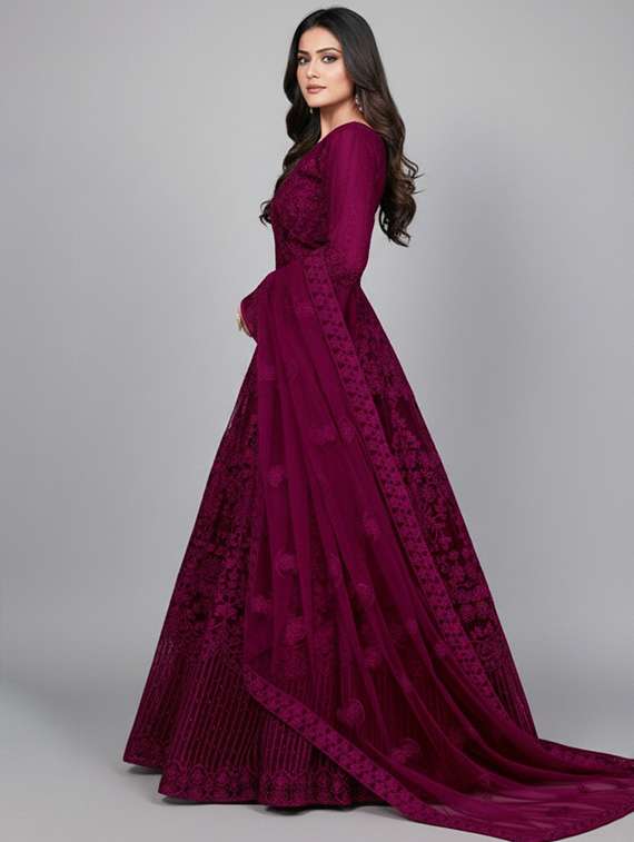 women solid with work semi stitched fit & flare gown - 22272917 -  Standard Image - 3