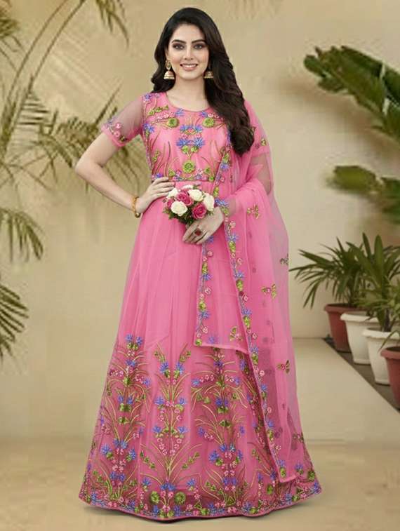 women solid with work semi stitched fit & flare gown