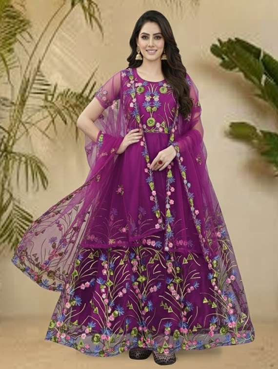 women solid with work semi stitched fit & flare gown