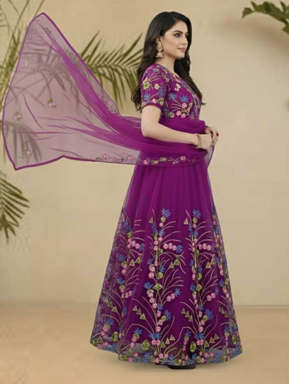 women solid with work semi stitched fit & flare gown - 22272922 -  Standard Image - 3