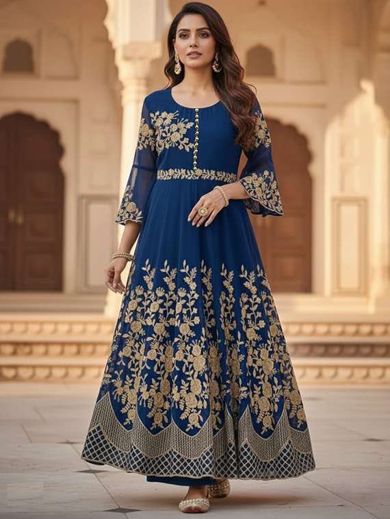 women solid with work semi stitched fit & flare gown