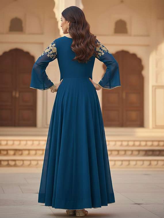 women solid with work semi stitched fit & flare gown - 22272930 -  Standard Image - 3