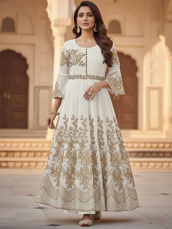 women solid with work semi stitched fit & flare gown