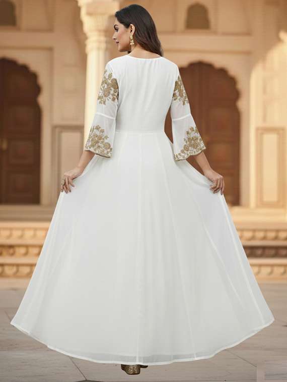 women solid with work semi stitched fit & flare gown - 22272932 -  Standard Image - 3