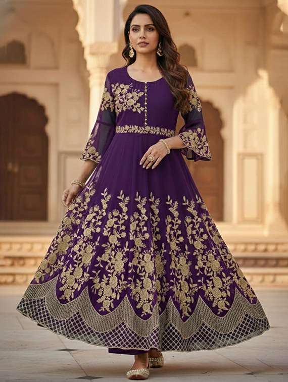 women solid with work semi stitched fit & flare gown