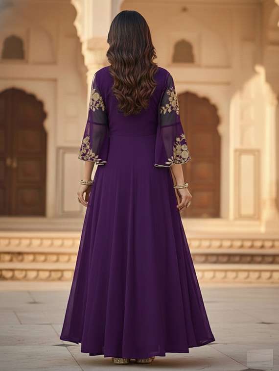 women solid with work semi stitched fit & flare gown - 22272933 -  Standard Image - 3