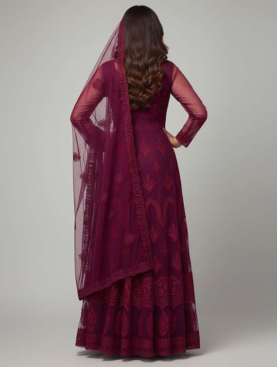 women solid with work semi stitched fit & flare gown - 22272935 -  Standard Image - 3