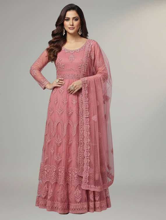 women solid with work semi stitched fit & flare gown