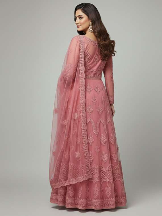 women solid with work semi stitched fit & flare gown - 22272936 -  Standard Image - 3