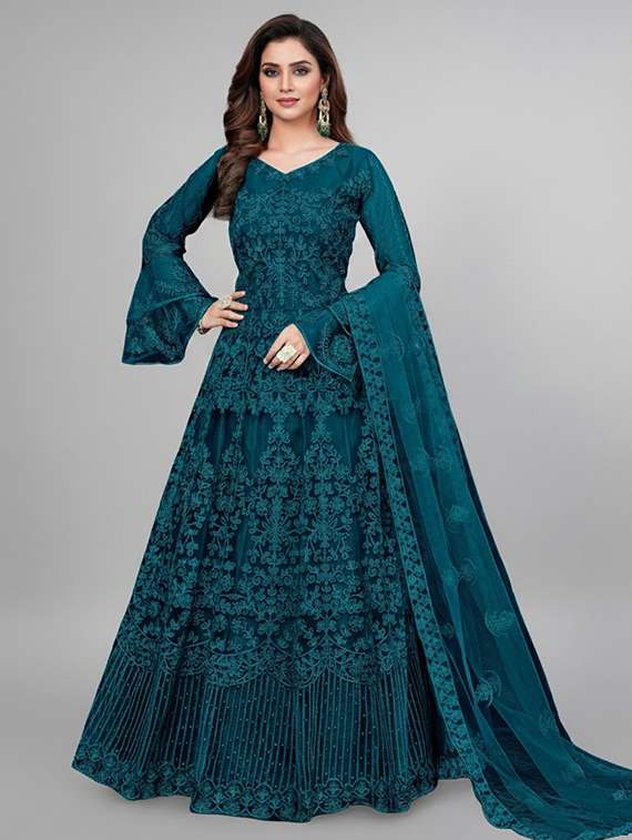 women solid with work semi stitched fit & flare gown