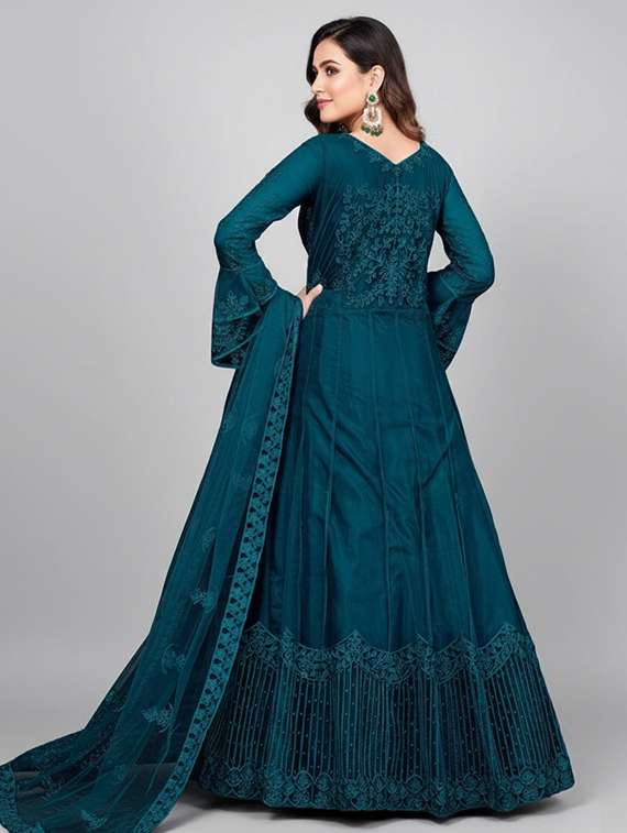 women solid with work semi stitched fit & flare gown - 22272937 -  Standard Image - 3