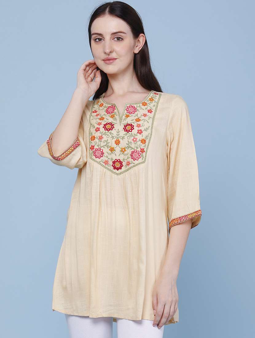 women embroidered three quarter sleeves a-line kurti