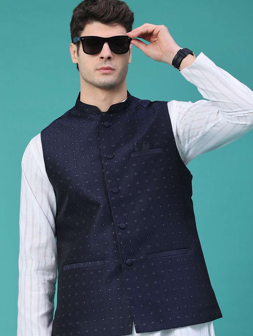 men navy blue polyester nehru jacket