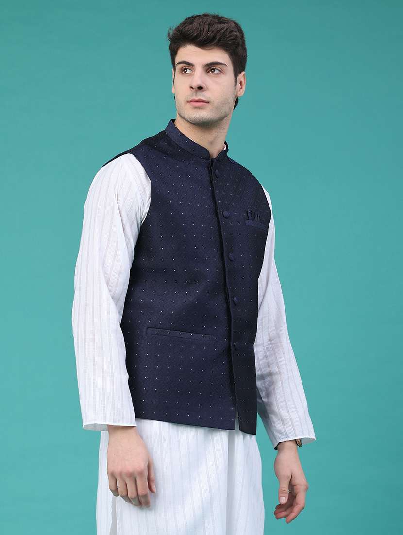 men navy blue polyester nehru jacket - 22273102 -  Standard Image - 5