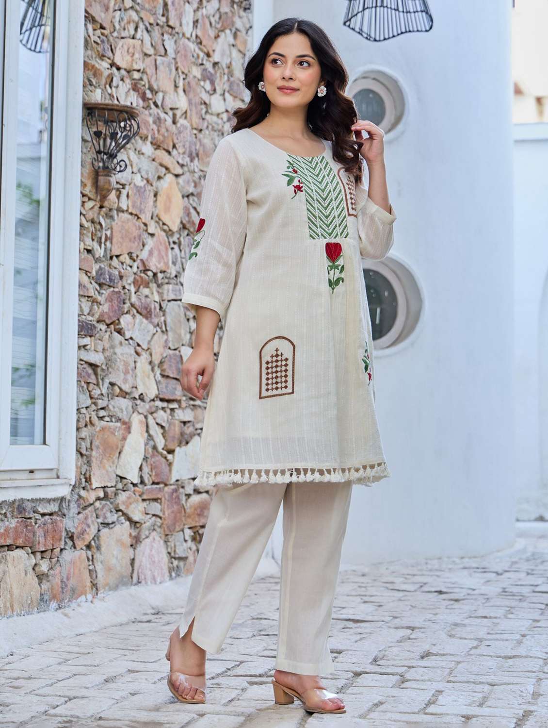 women solid with work three quarter sleeve ethnic co-ord set