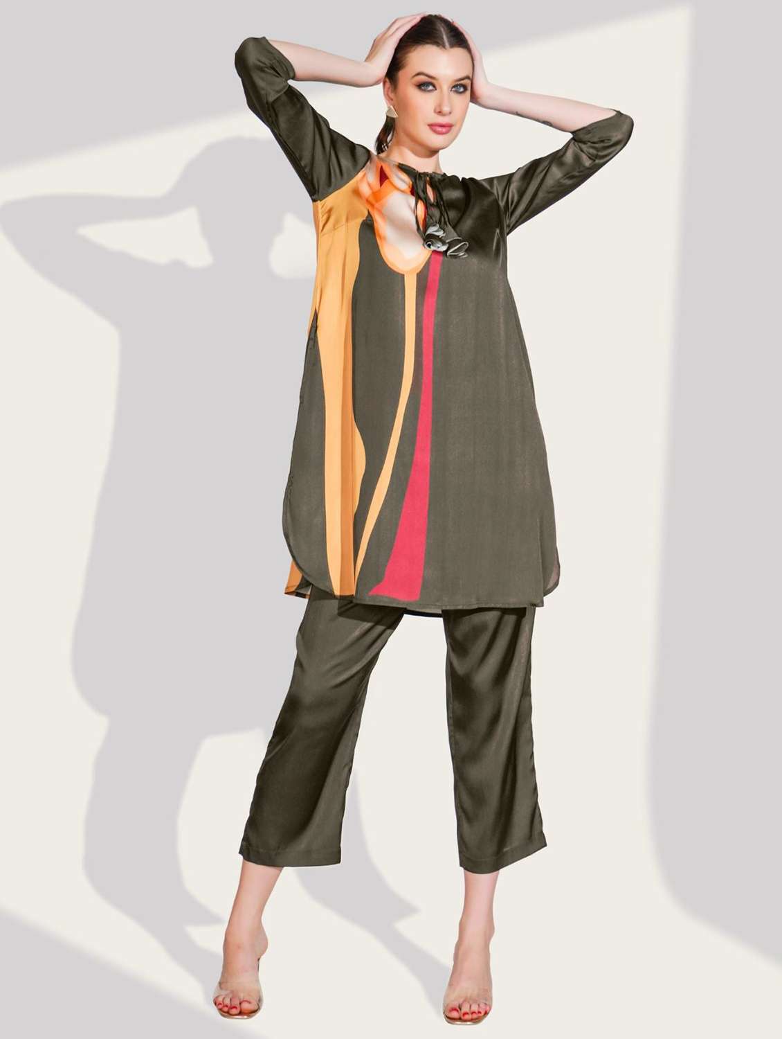 women printed three quarter sleeve ethnic co-ord set