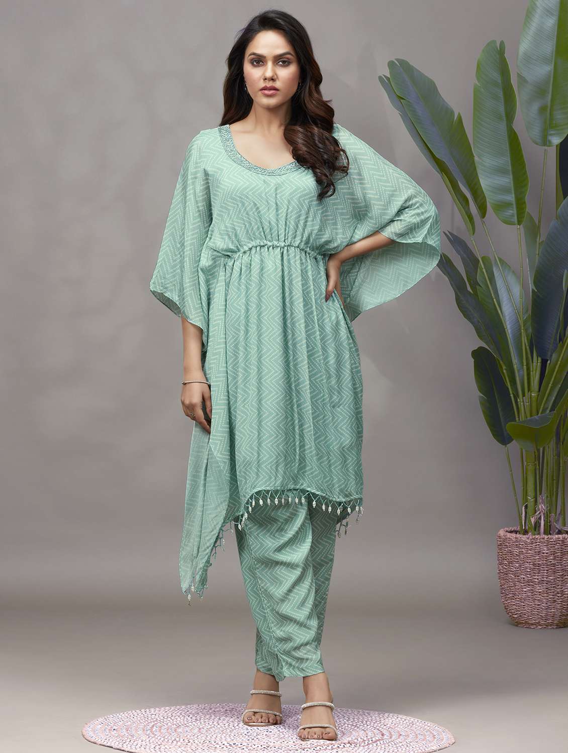 women printed kimono sleeve kaftan kurta pant set