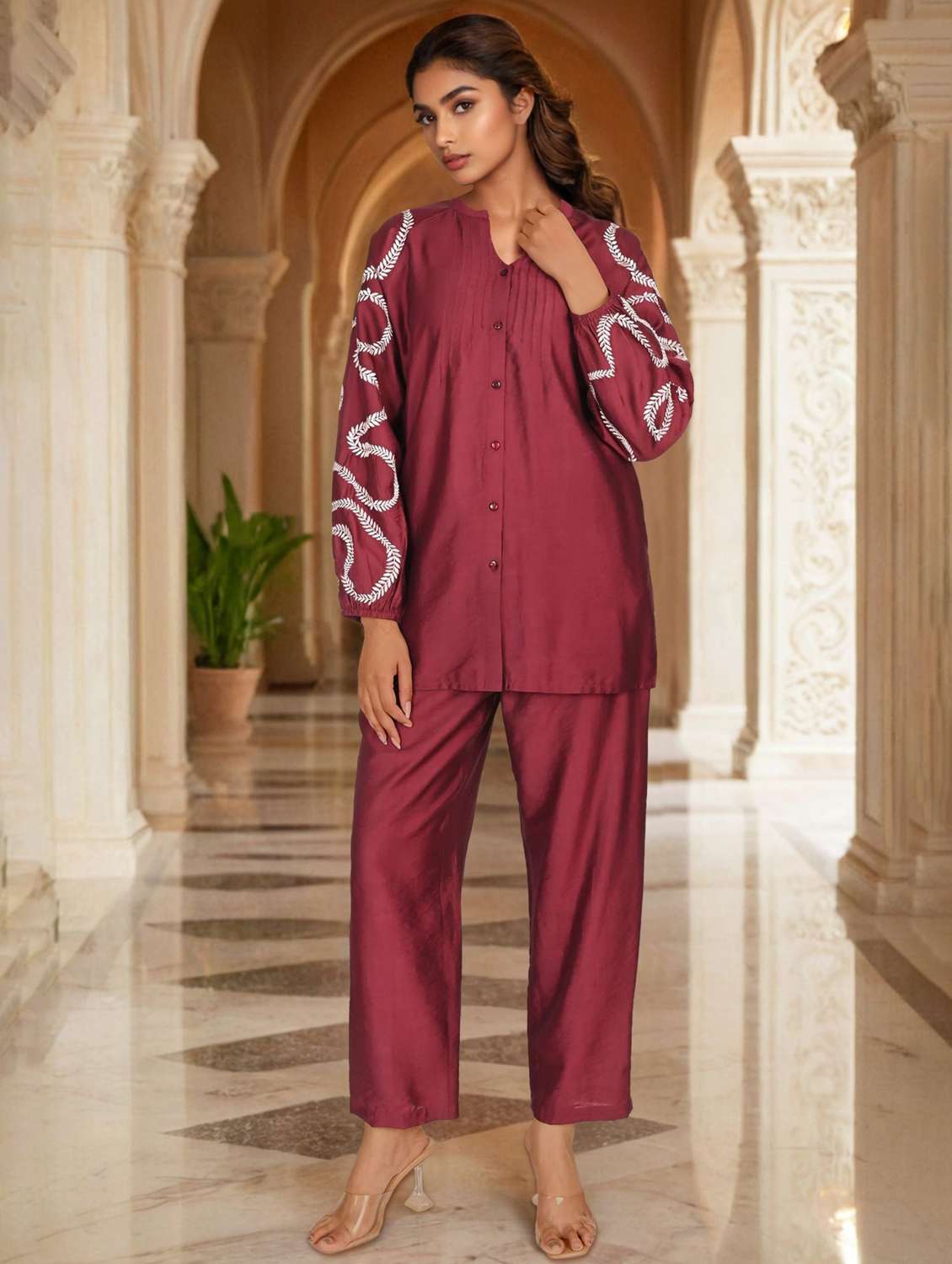 women embroidered puff sleeve co-ord set