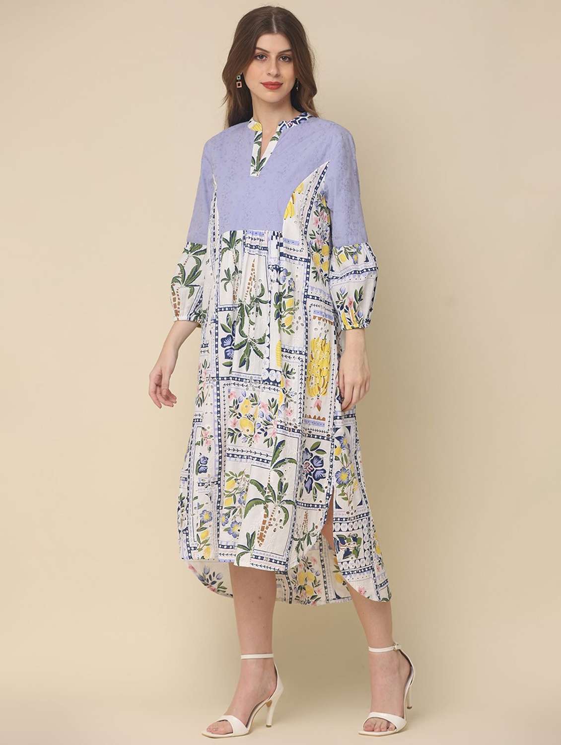 women printed puff sleeve high low dress