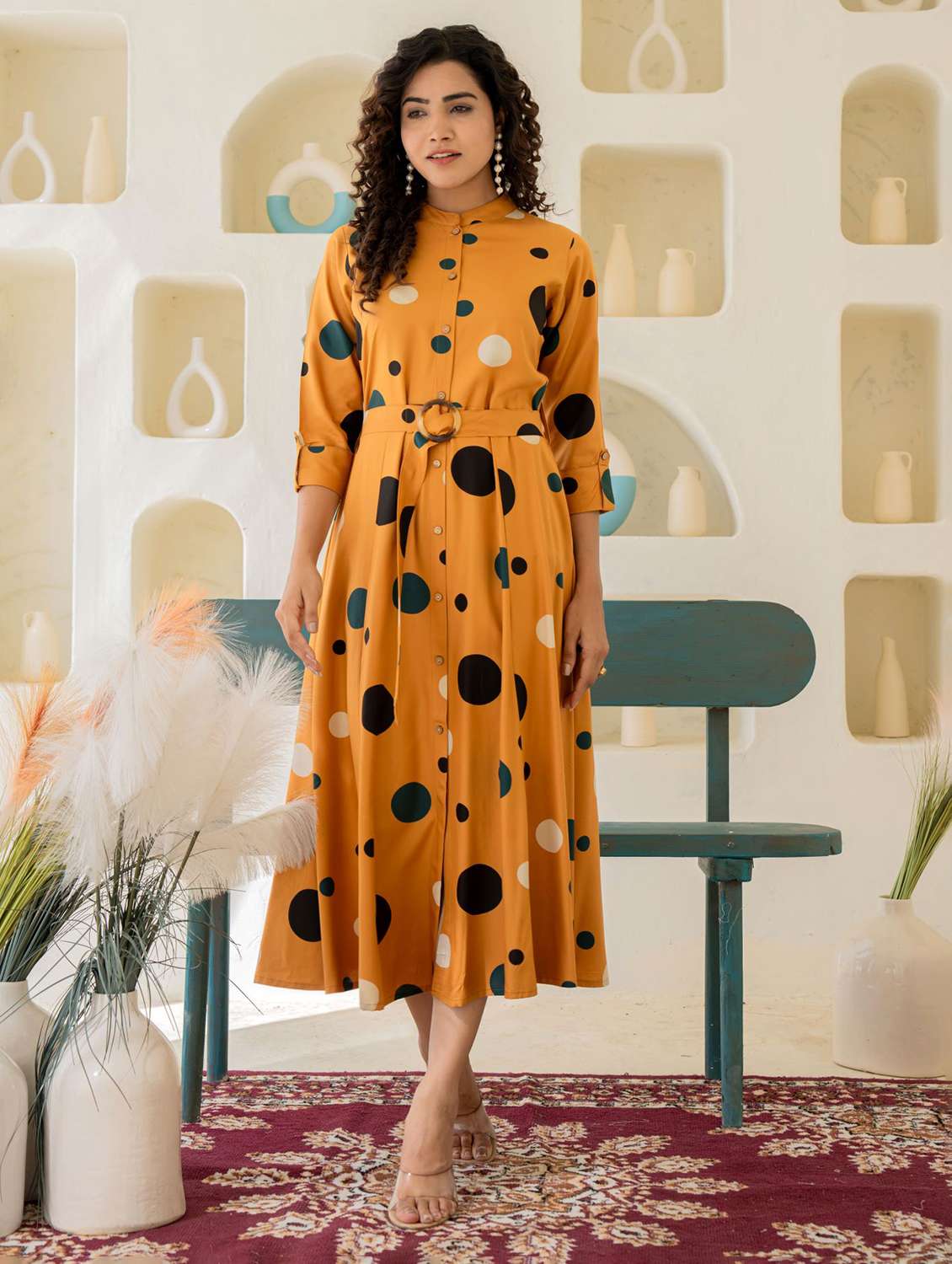 women printed mandarin neck fit & flare dress