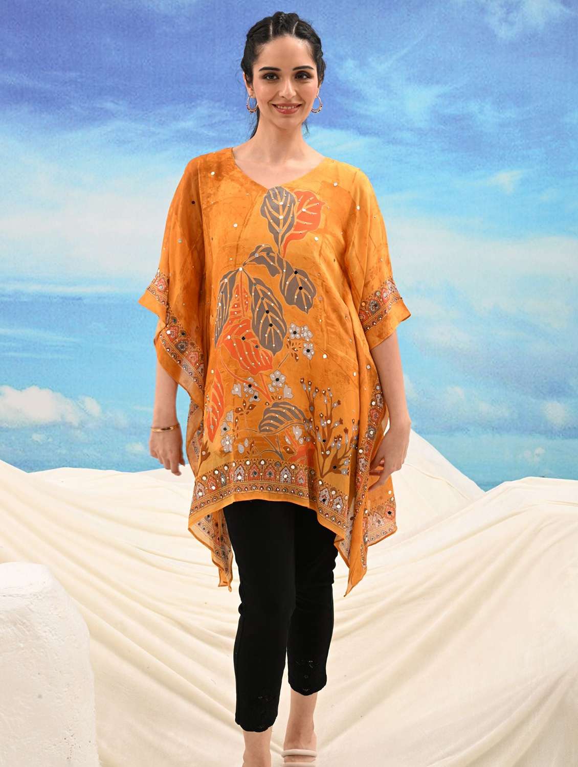 women printed kimono sleeve kaftan tunic