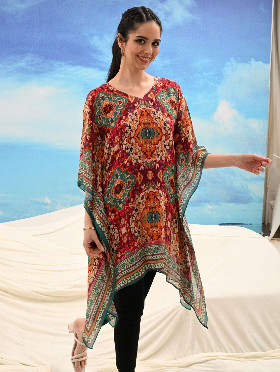 women printed kimono sleeve kaftan tunic