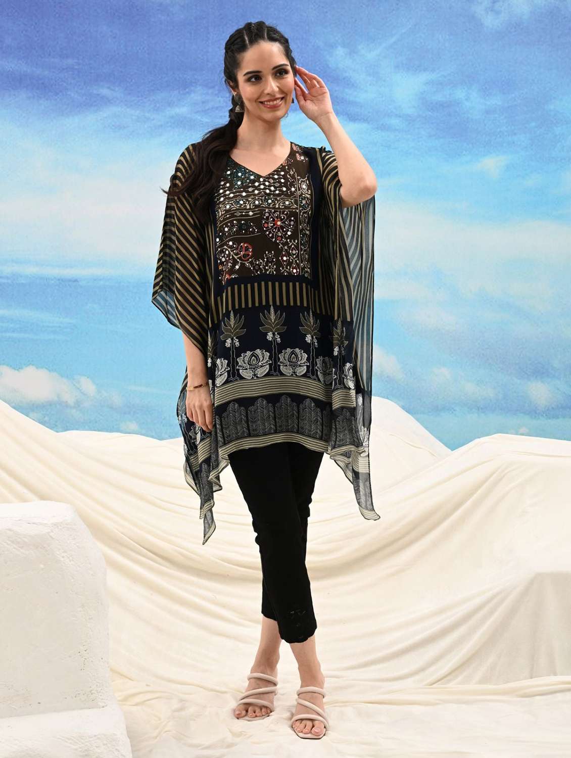 women printed kimono sleeve kaftan tunic