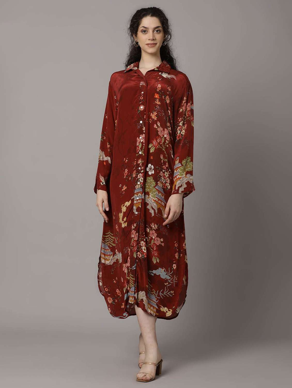 women floral print long sleeve a-line dress