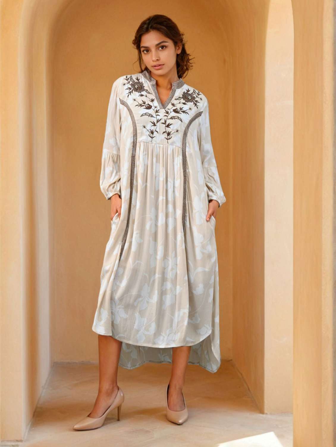 women embroidered long sleeve high low dress
