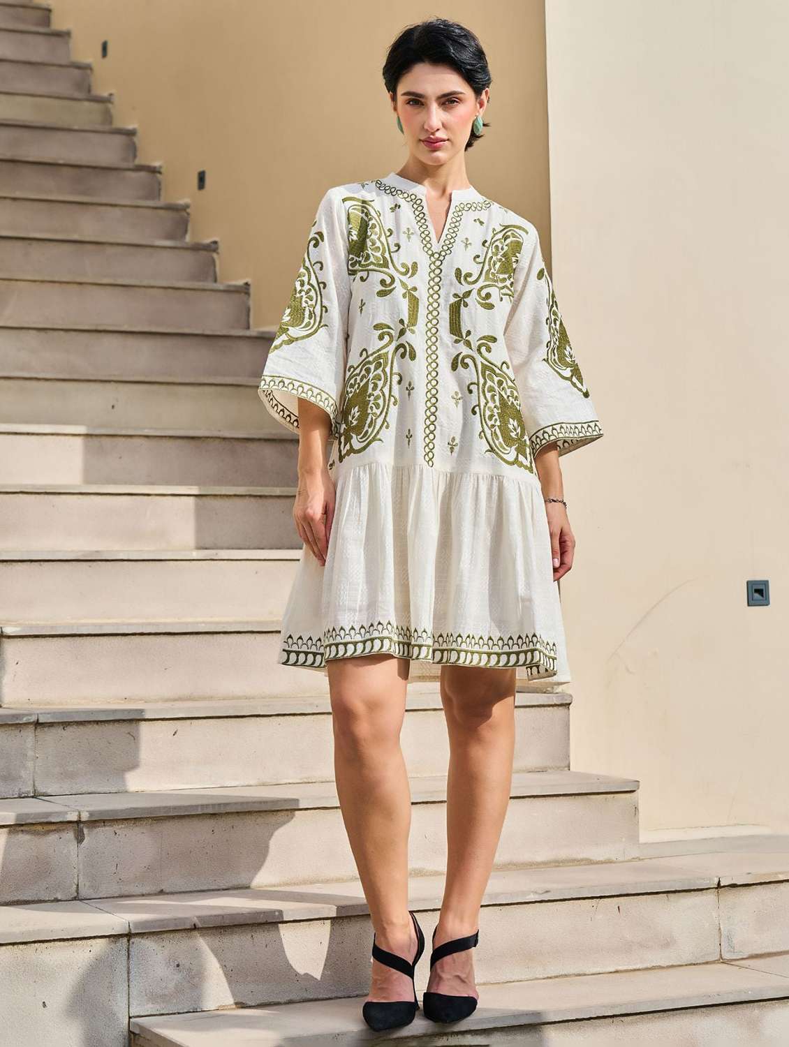 women embroidered puff sleeve tiered dress