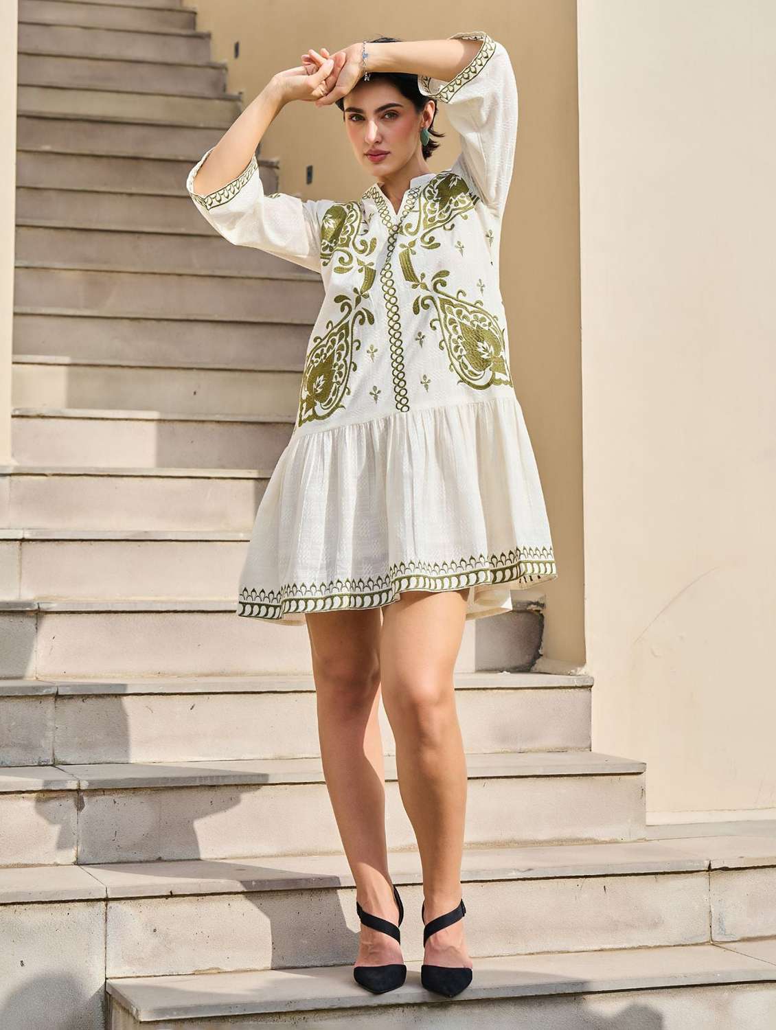 women embroidered puff sleeve tiered dress - 22273693 -  Standard Image - 3