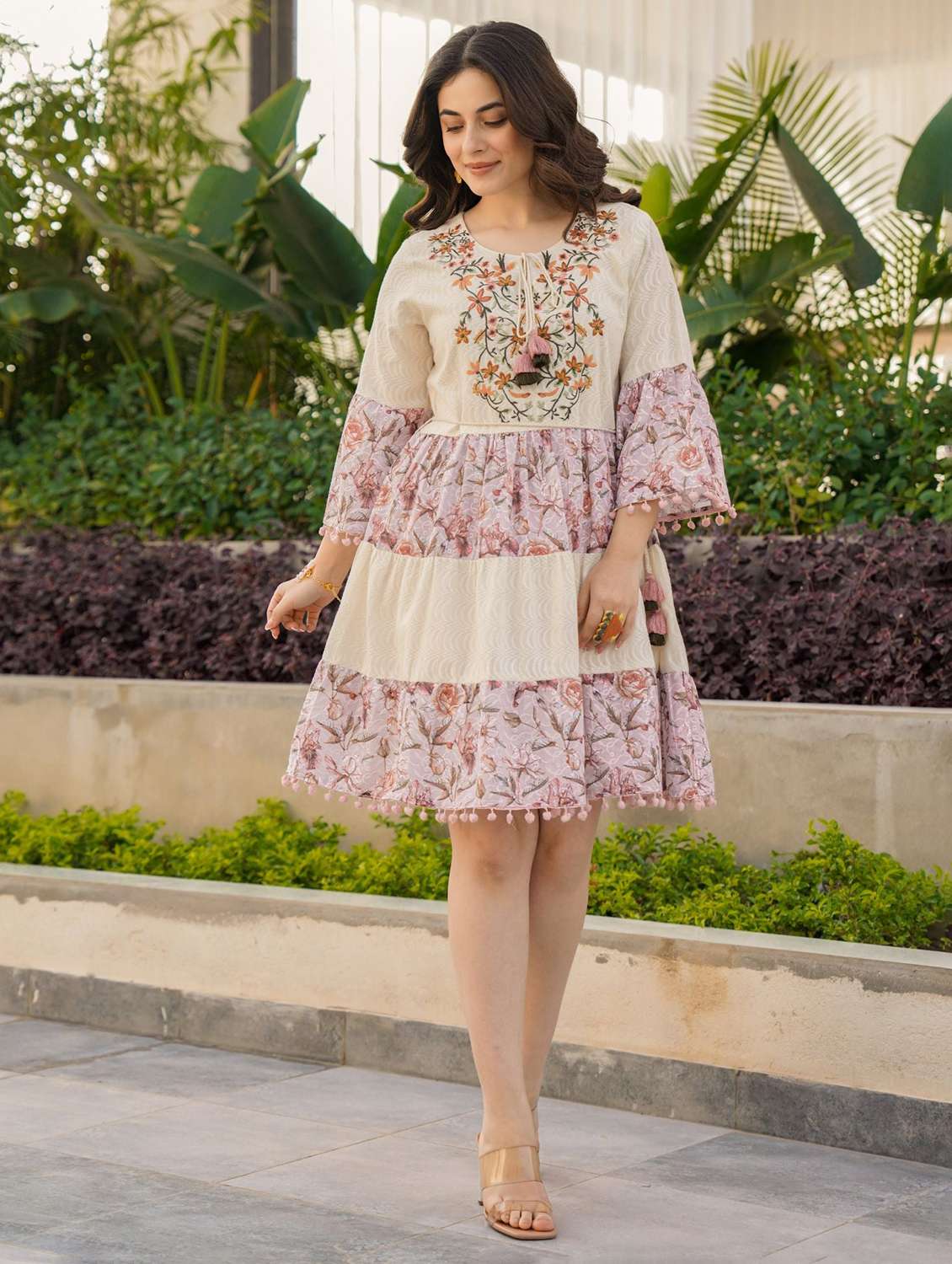 women printed bell sleeve tiered dress