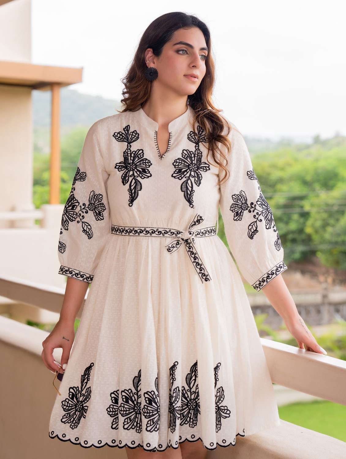 women embroidered puff sleeve fit & flare dress