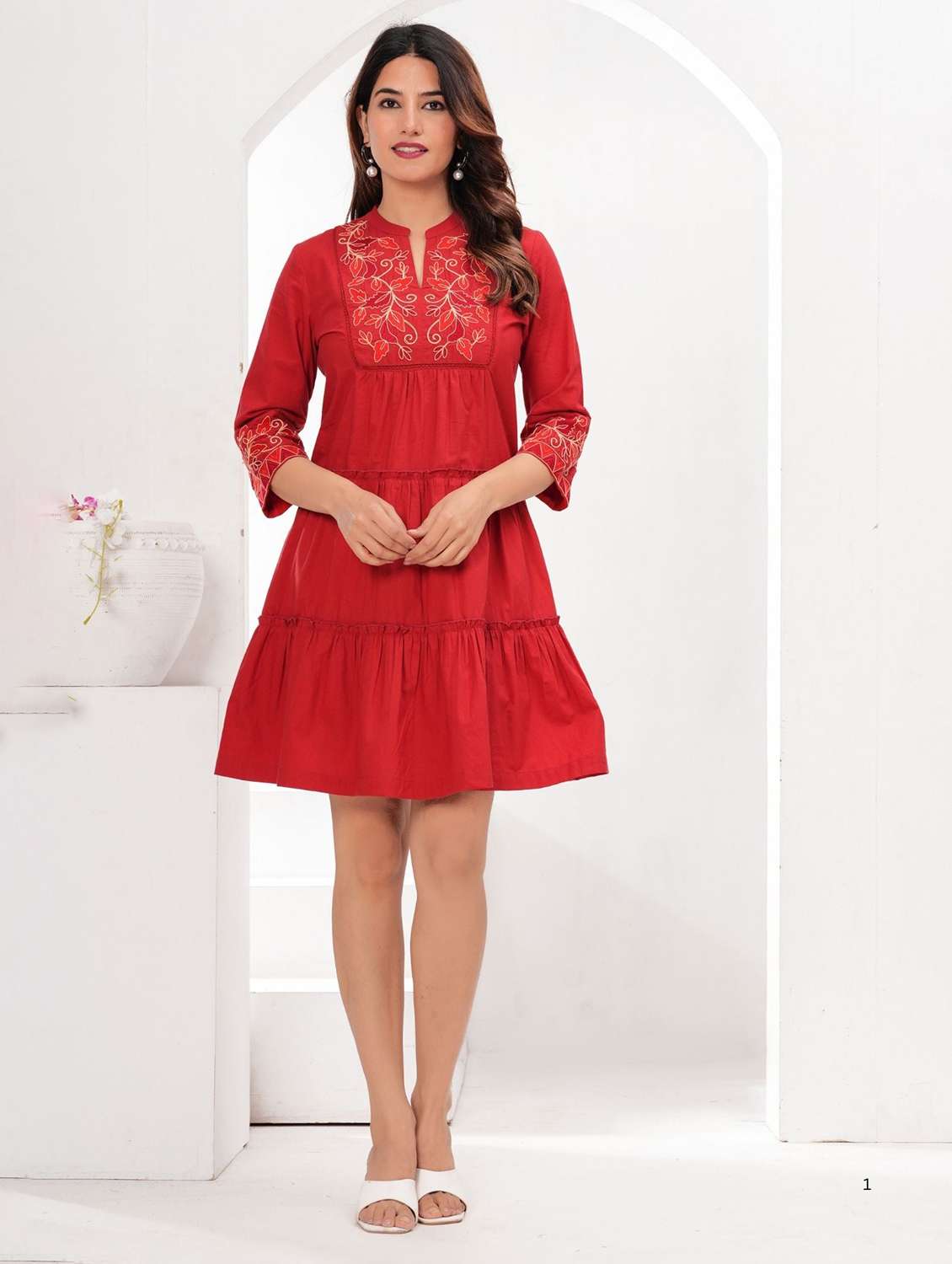 women embroidered mandarin neck tiered dress