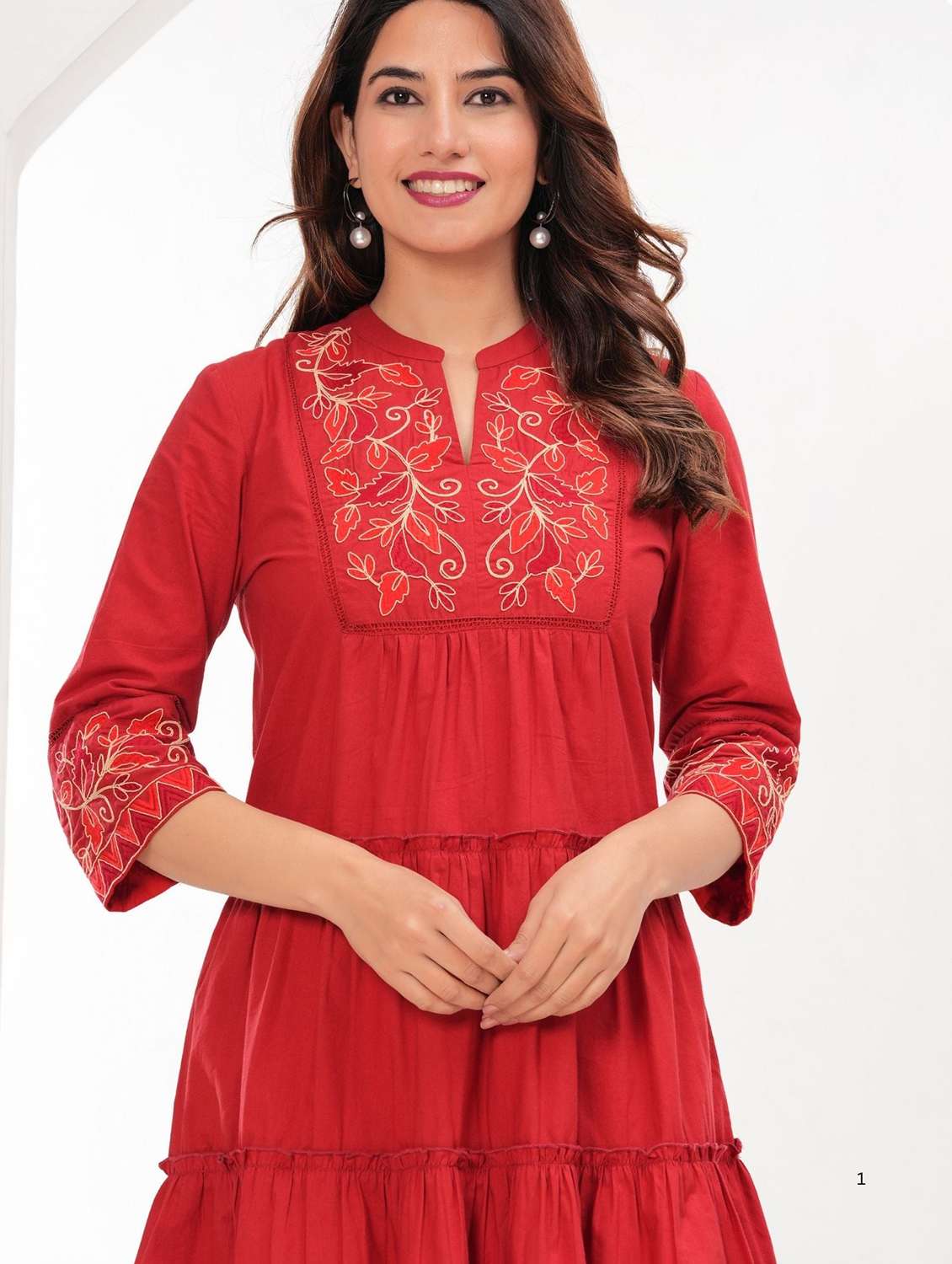 women embroidered mandarin neck tiered dress - 22273696 -  Standard Image - 3