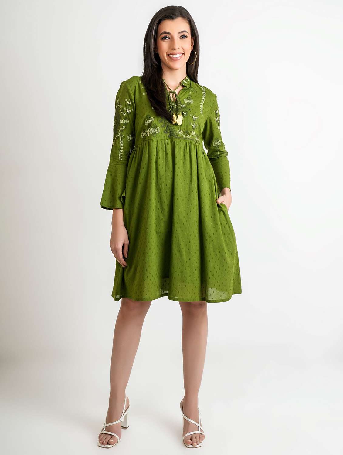 women self designed bell sleeve fit & flare dress