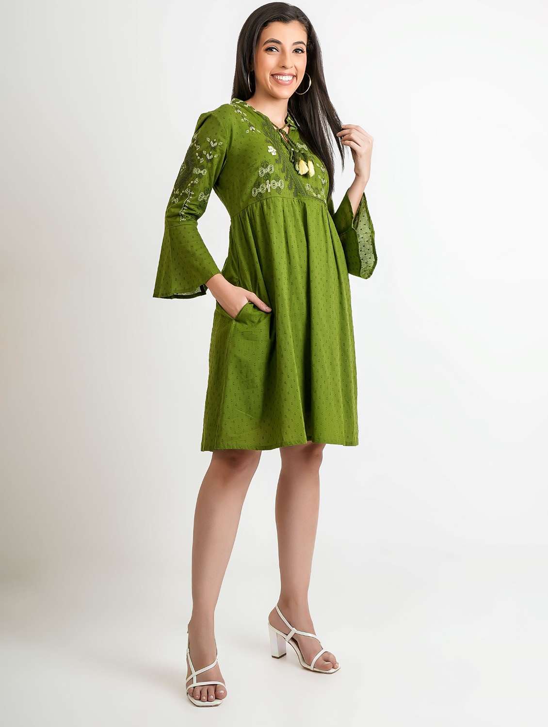 women self designed bell sleeve fit & flare dress - 22273702 -  Standard Image - 3