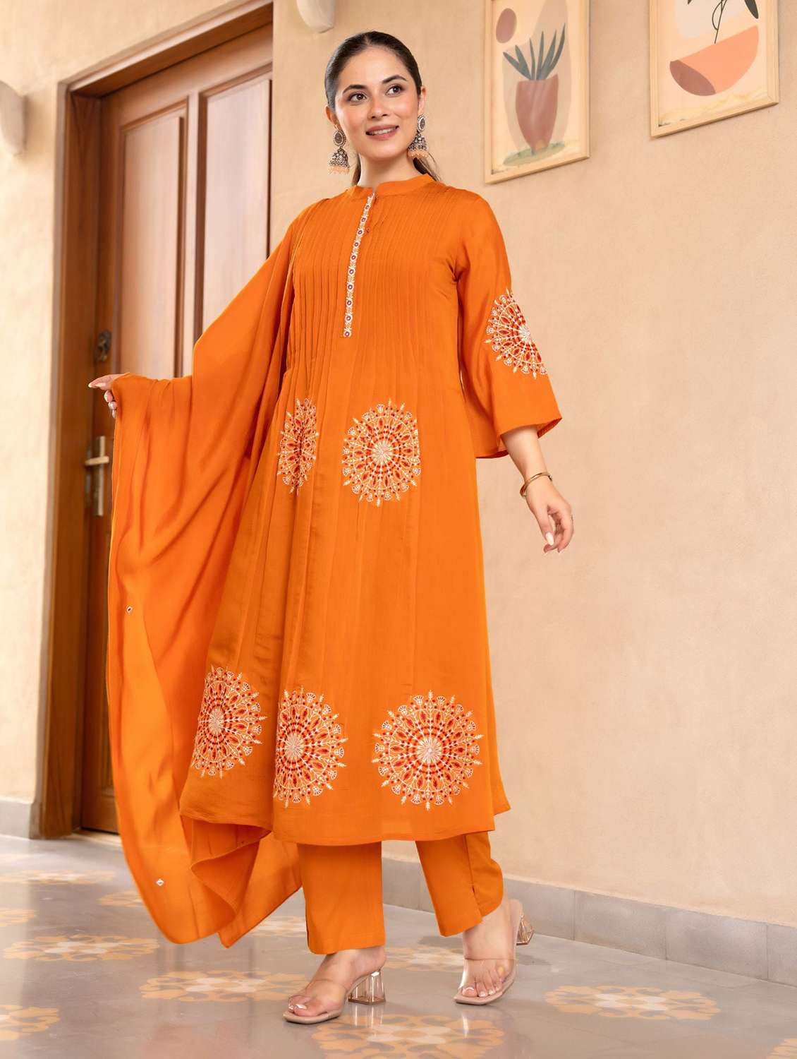 women solid with work three quarter sleeve kurta pant with dupatta set - 22273707 -  Standard Image - 3