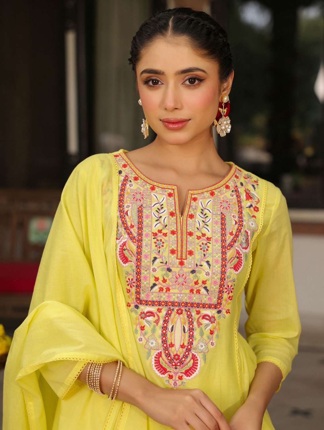 women solid with work three quarter sleeve kurta pant with dupatta set - 22273732 -  Standard Image - 3