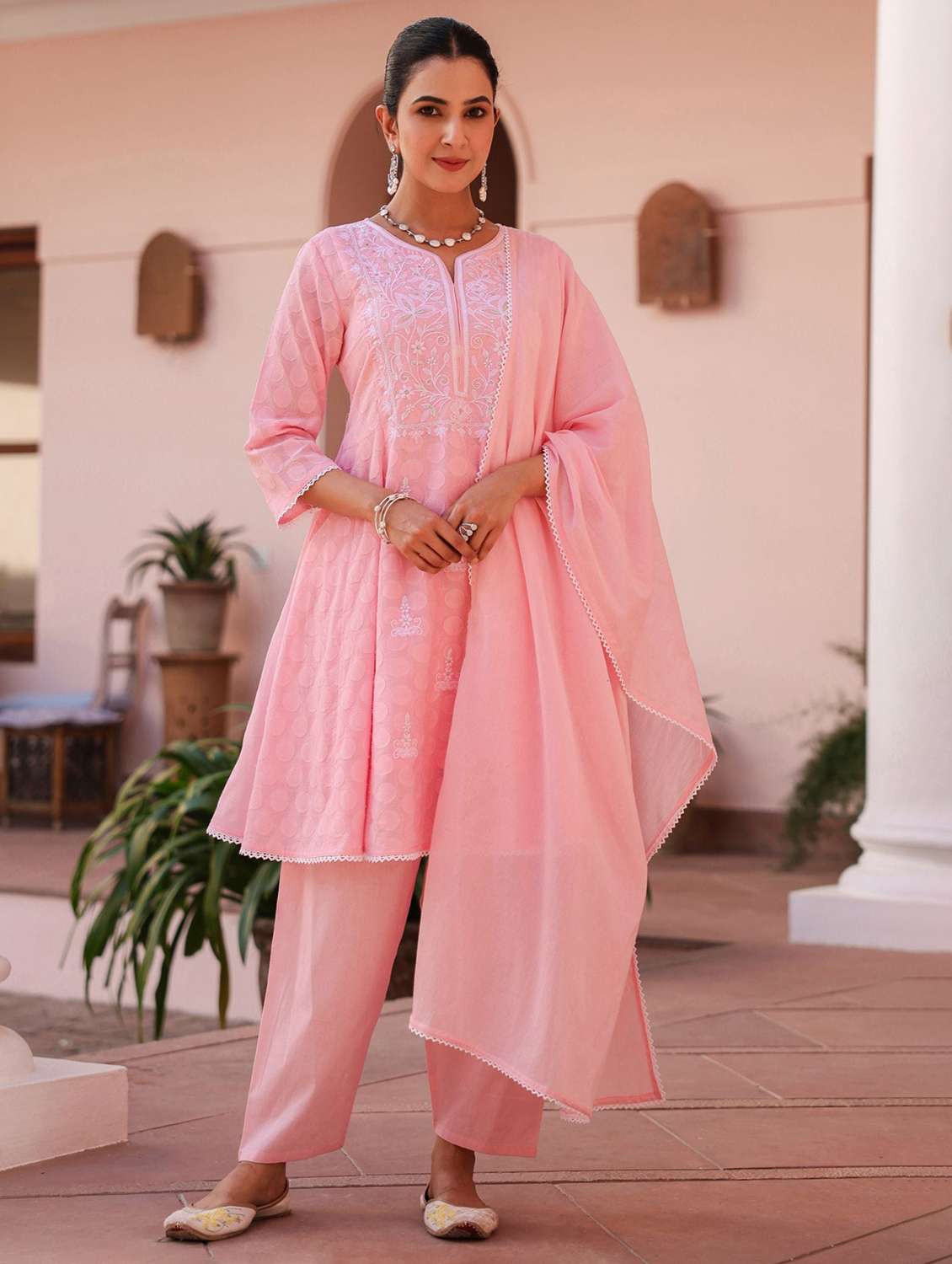 women self design three quarter sleeve kurta salwar with dupatta set