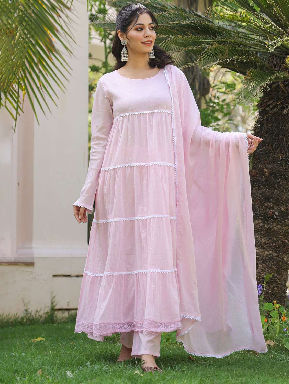 women solid with work long sleeve kurta pant with dupatta set