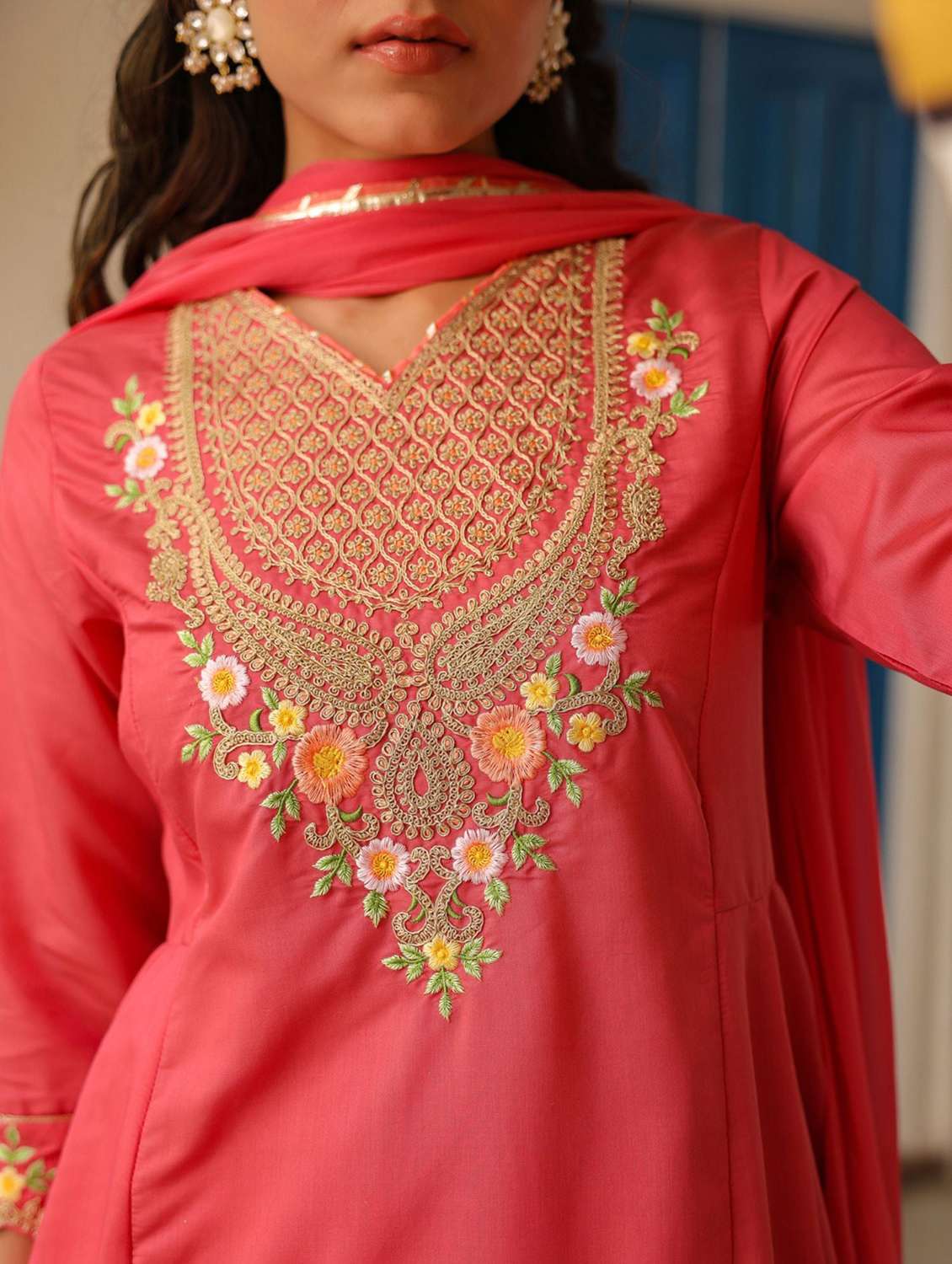 Women Solid With Work Three Quarter Sleeve Kurta Pant With Dupatta Set - 22273738 -  Standard Image - 3