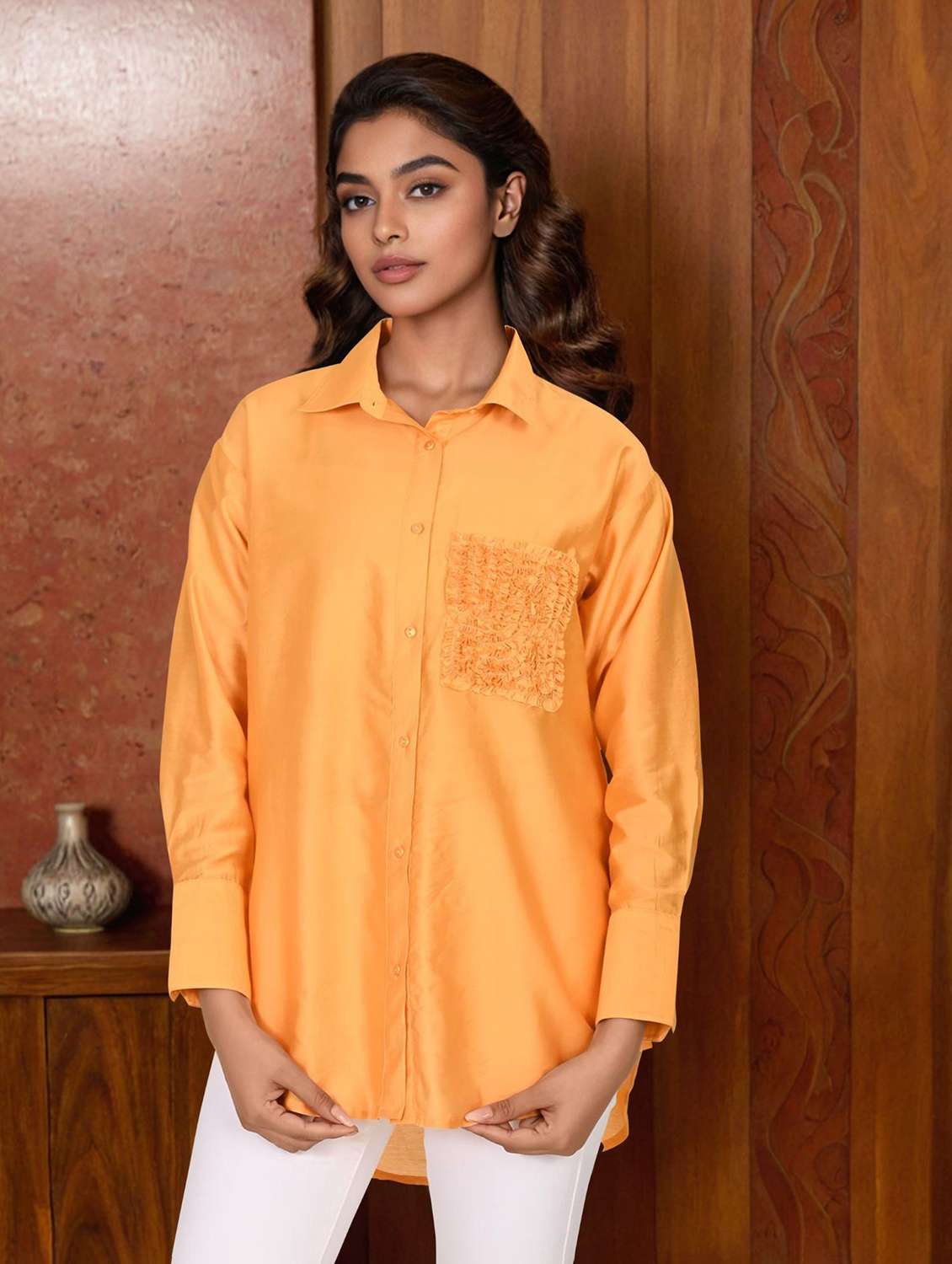 women collared long sleeve high low shirt