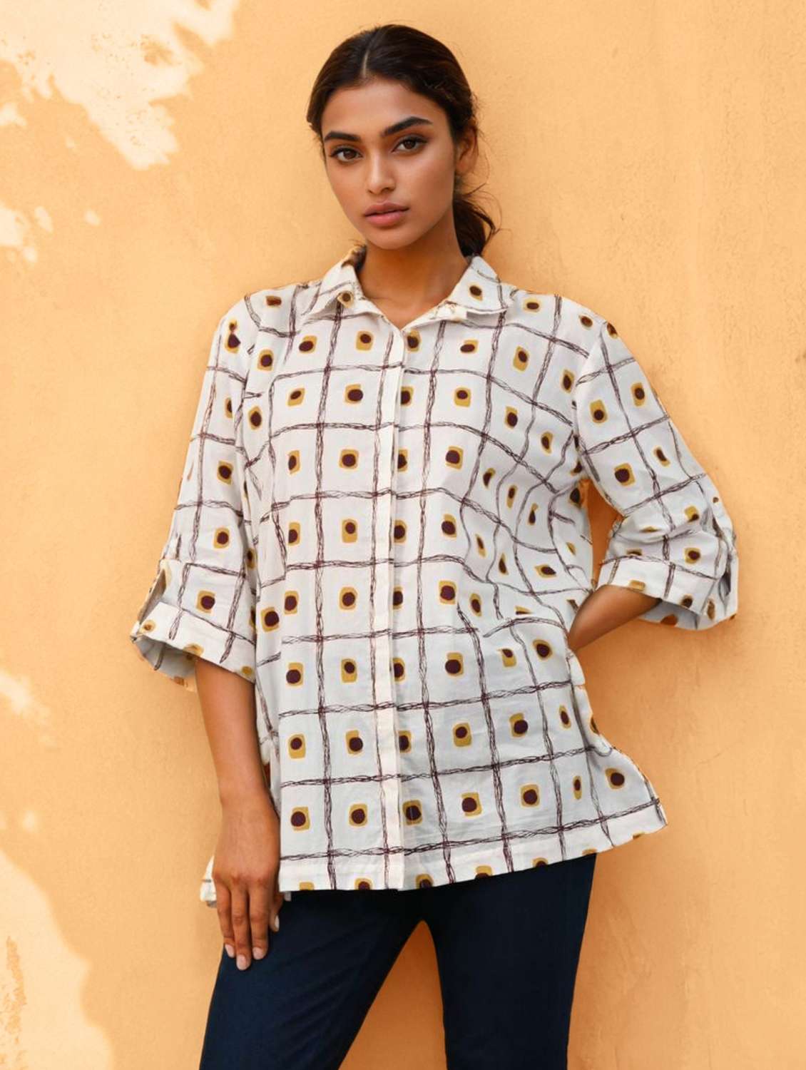 women collared three quarter sleeve regular shirt