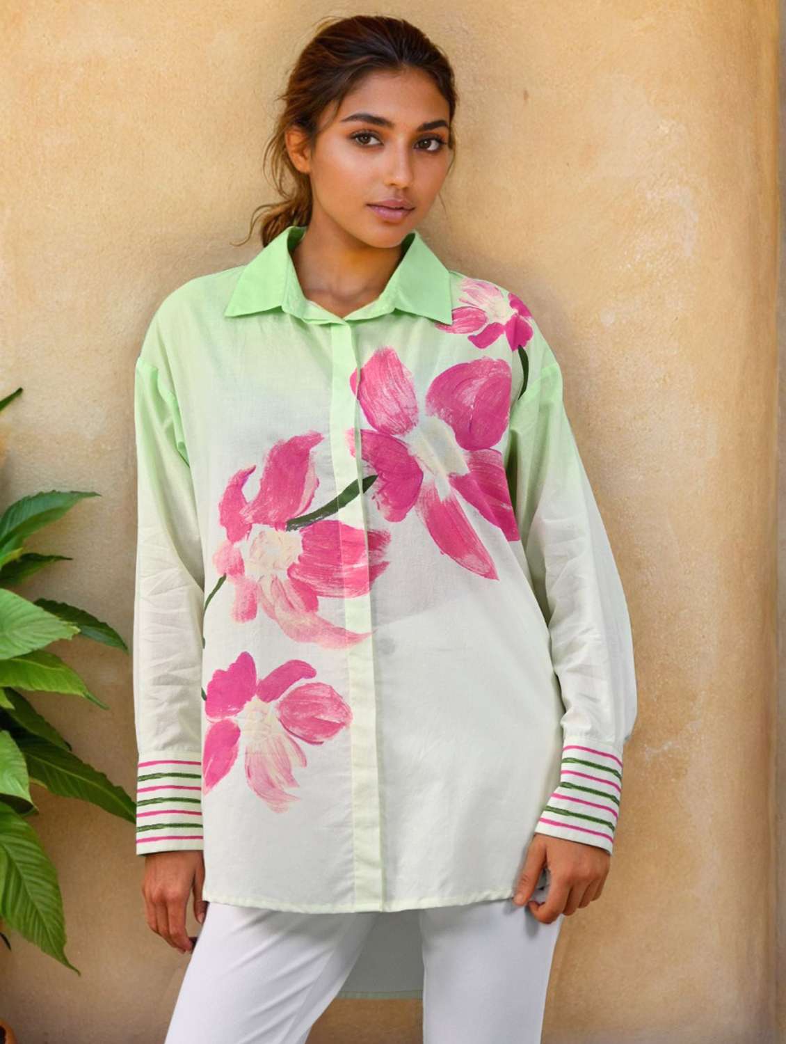 women collared long sleeve high low shirt