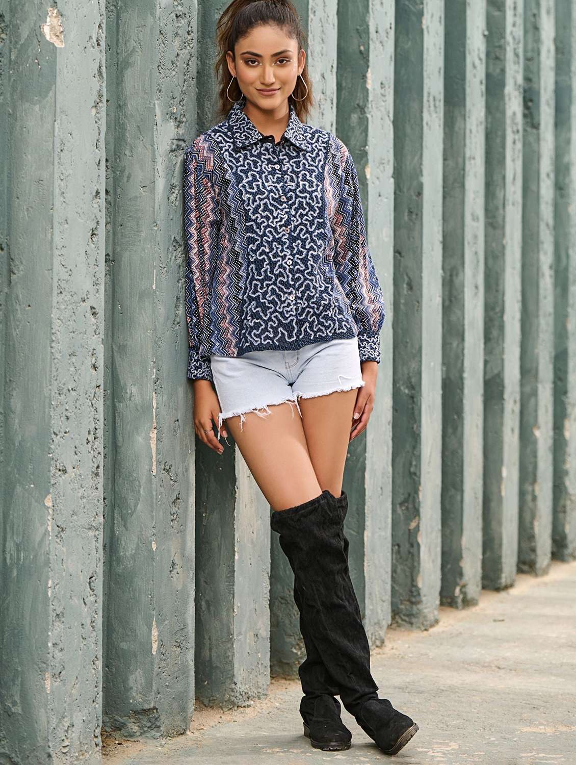 women self designed collared long sleeve shirt