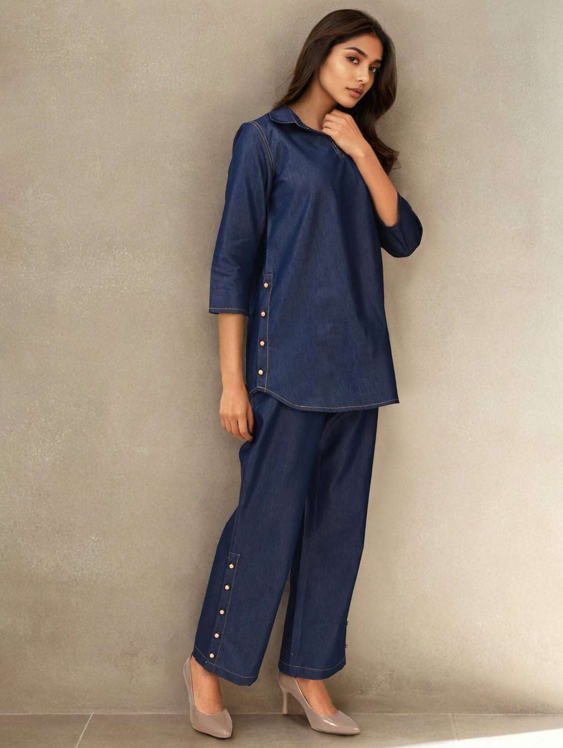 women solid three quarter sleeve ethnic co-ord set