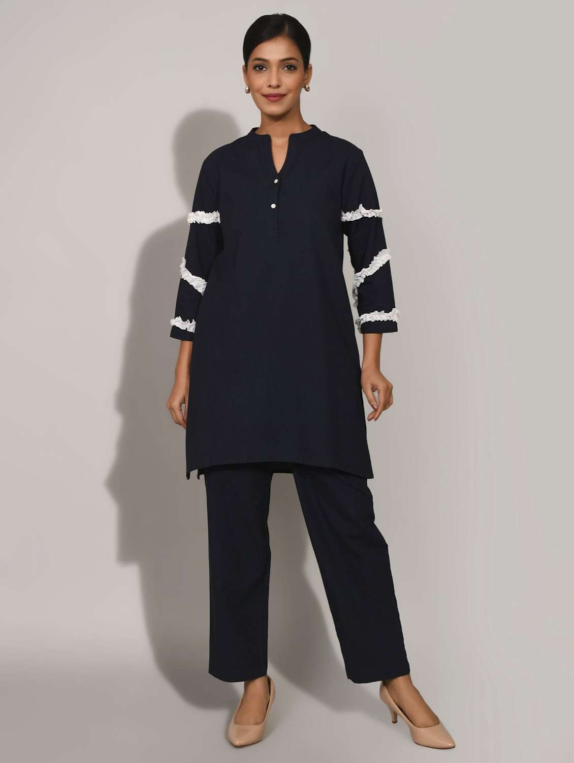 women solid with work three quarter sleeve ethnic co-ord set